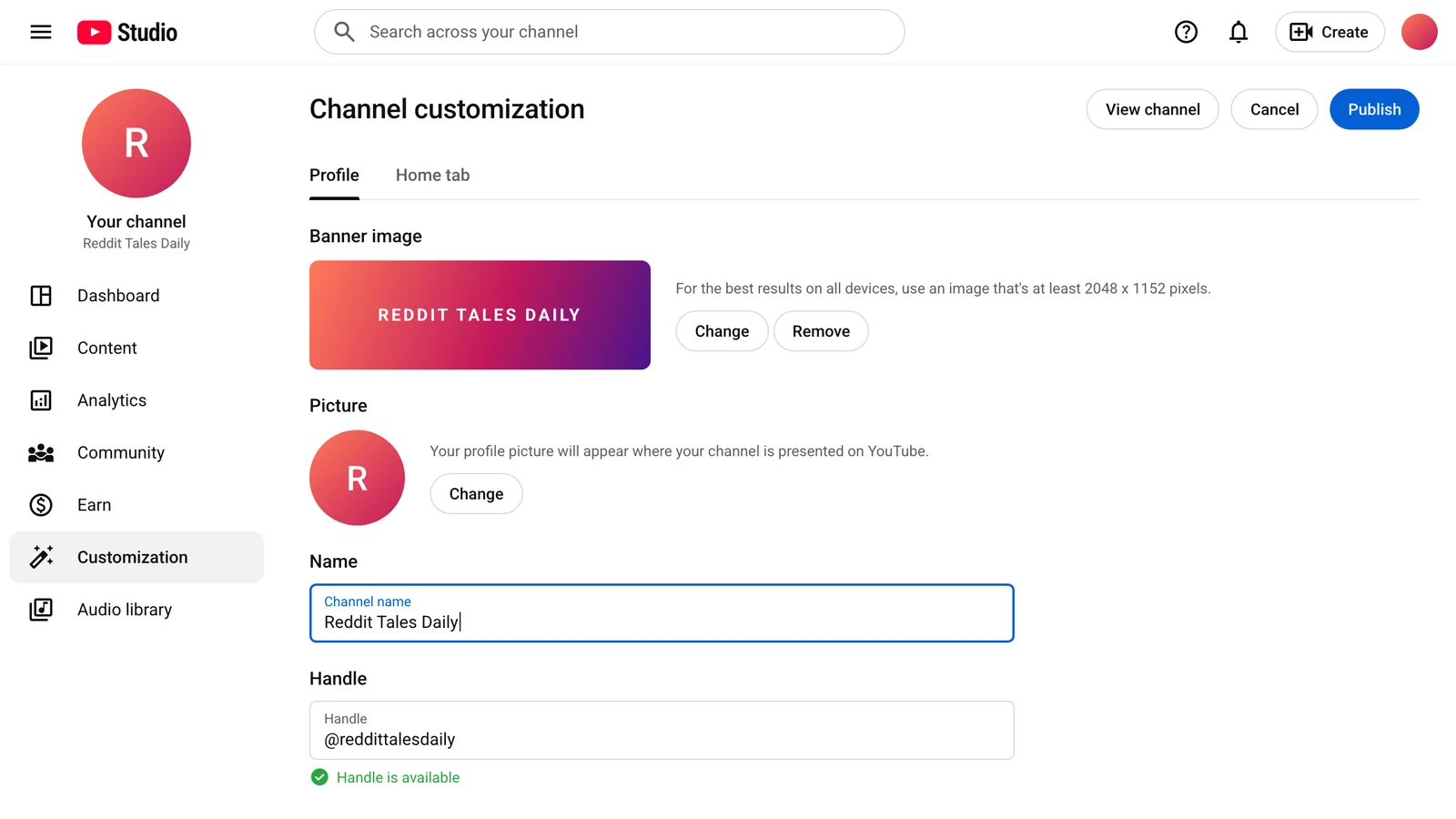 YouTube Studio channel customization with a new channel name being typed