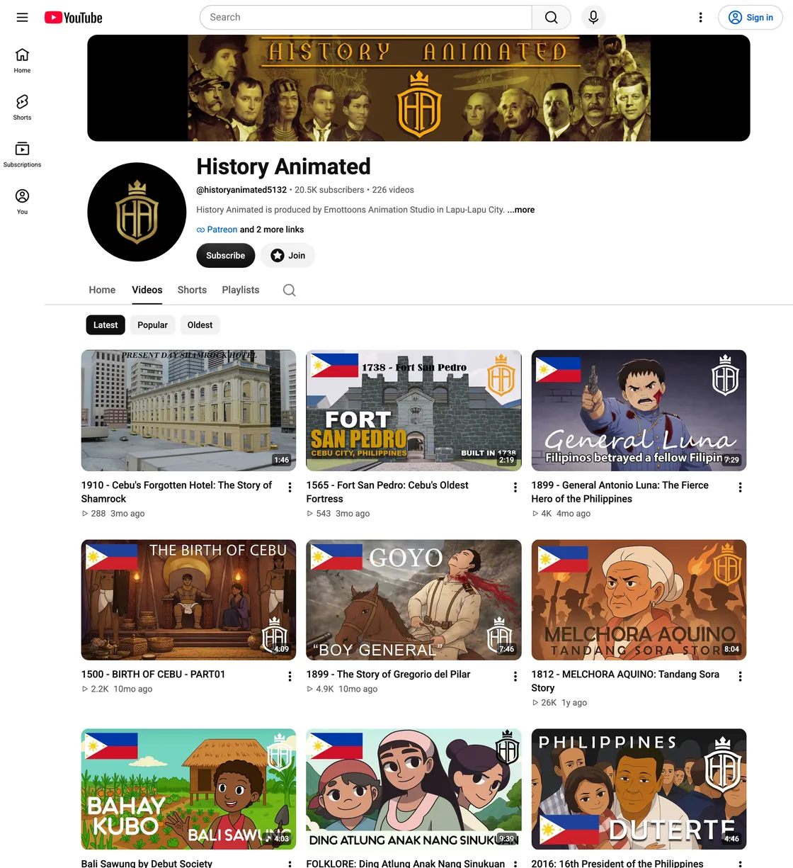 Example of a history animations channel on YouTube