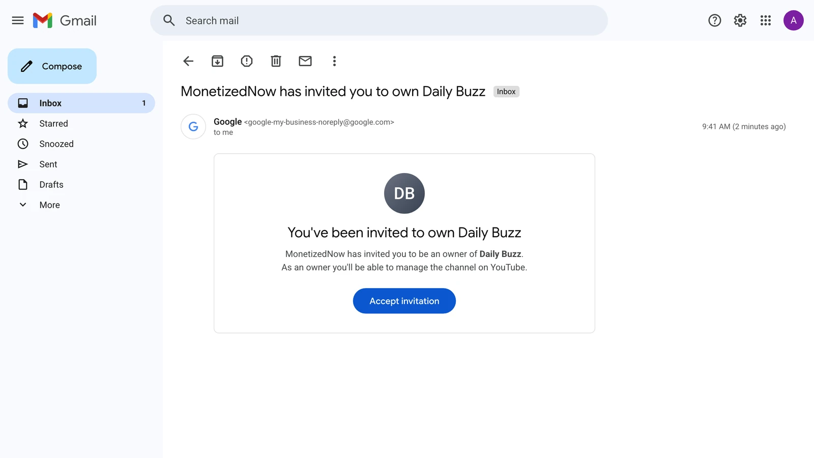Gmail showing an invitation to own a YouTube channel, with an Accept invitation button