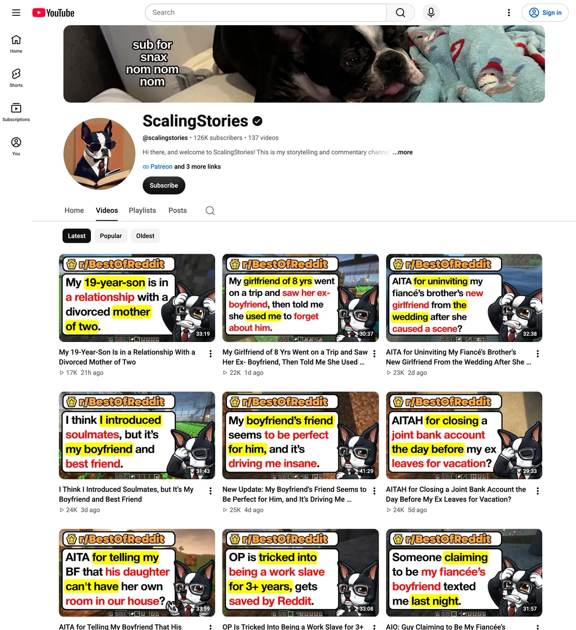Example of a reddit stories channel on YouTube
