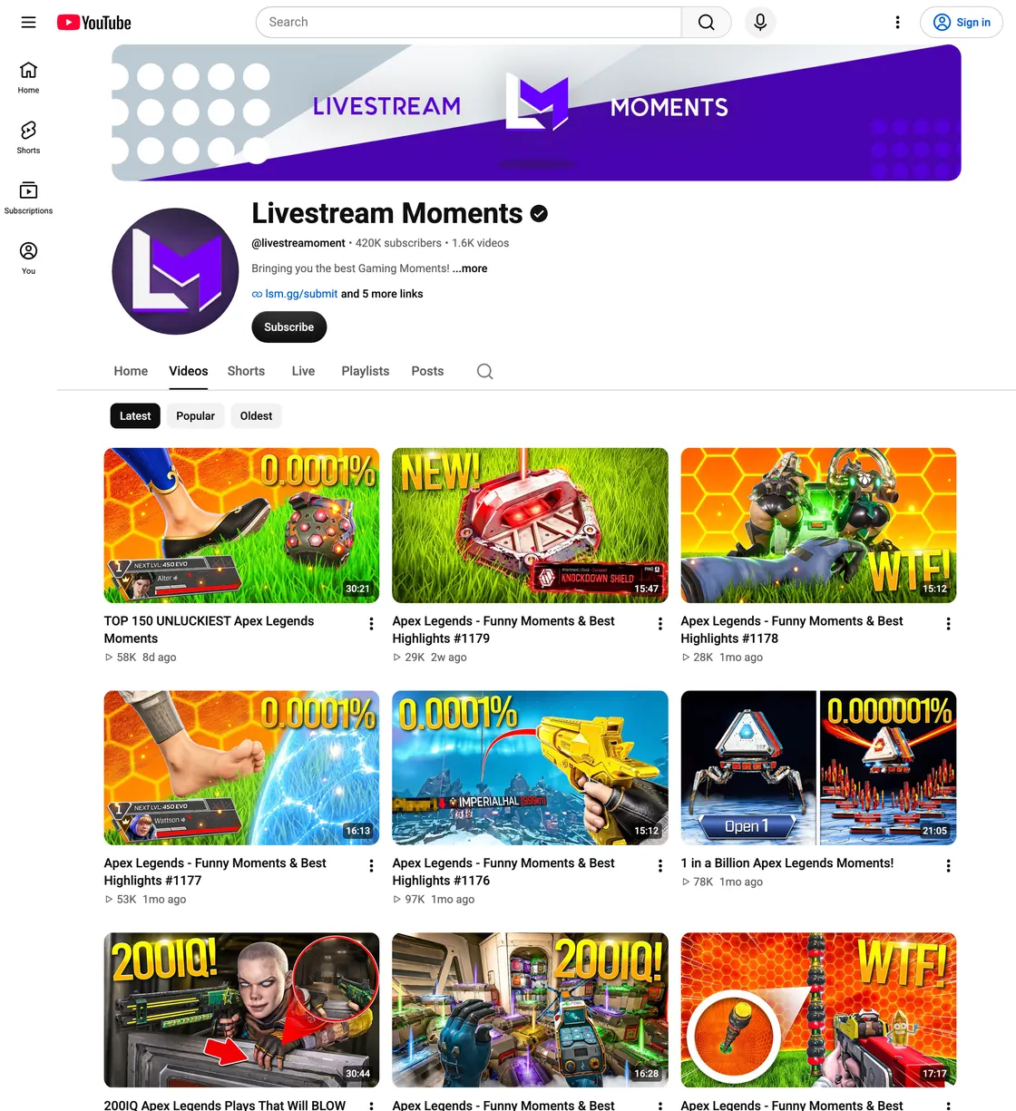 Example of a streamer clips channel on YouTube