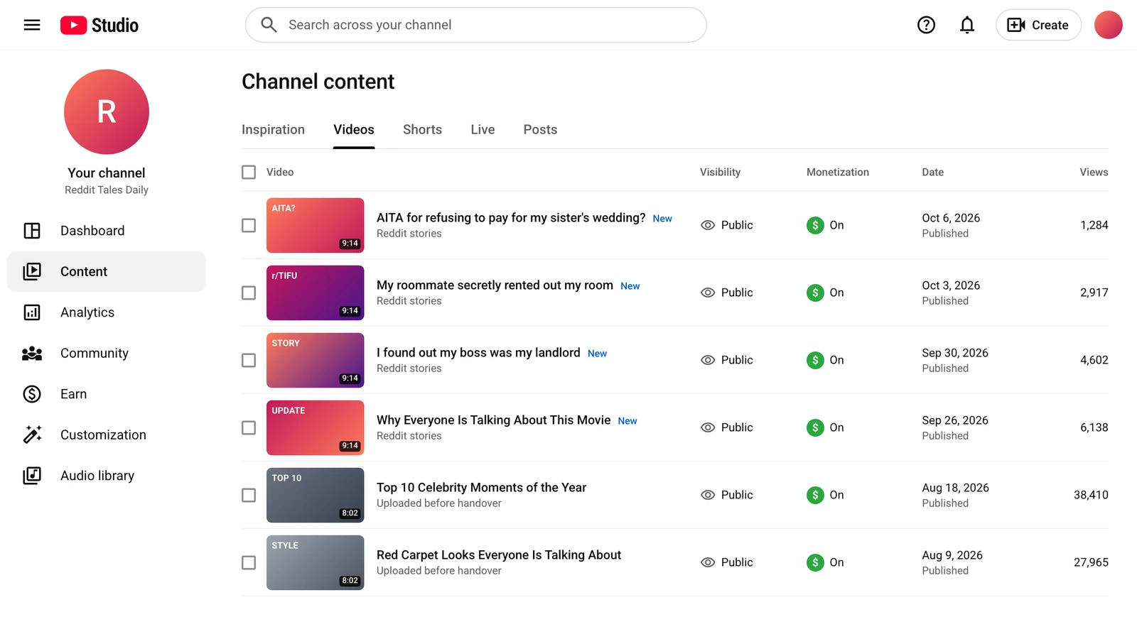 YouTube Studio content list with new uploads, all public with monetization on