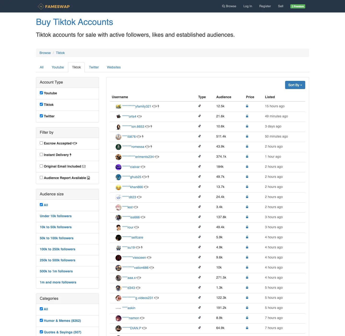 Fameswap TikTok browse page on August 5 2026: listings from 3.4K to 511K followers, every price hidden behind a lock icon